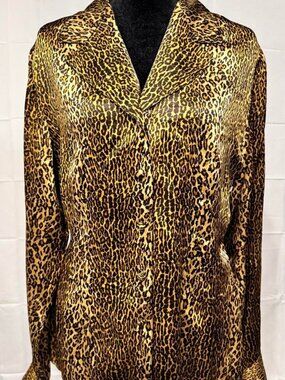 Allison Taylor 100% Silk Leopard Print Button Up Blouse Size M